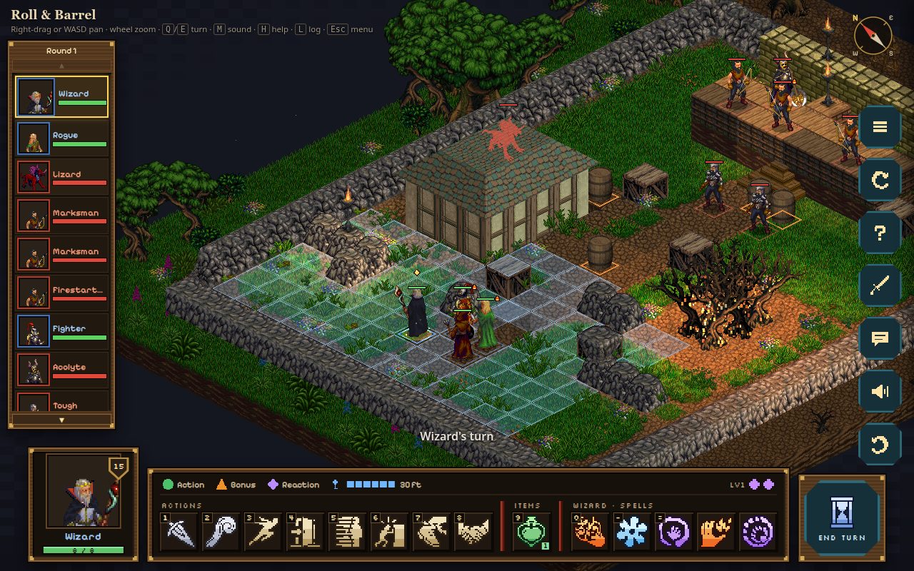 The Farmstead arena: the party behind a wall, bandits on a hayloft, a burning copse, the action bar at the bottom
